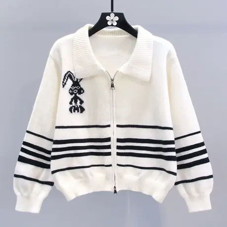 小香风条纹卡通polo领毛衣外套女秋冬2023新款宽松高级感针织开衫商品大图