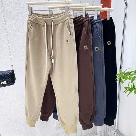 欧洲站加绒运动裤22秋冬高腰抽绳束脚哈伦卫裤宽松显瘦休闲小个子图片
