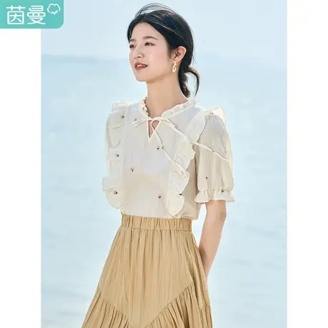 茵曼清新文艺衬衫2023夏女装新款V领绑带小花刺绣荷叶边短袖上衣商品大图