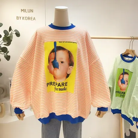 韩国东大门卫衣2021秋季新款原宿风小众条纹宽松卫衣洋气欧货大码商品大图