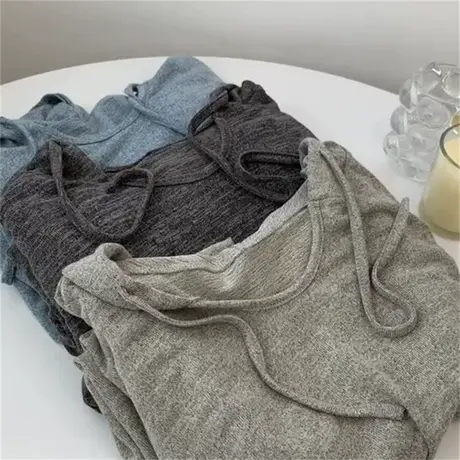 巨宽松大码针织连帽慵懒风长袖卫衣女2023春薄款垂感纯色休闲帽衫商品大图