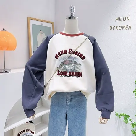 ins复古油画风插肩袖卫衣2022秋冬款加绒加厚设计感上衣宽松韩版商品大图