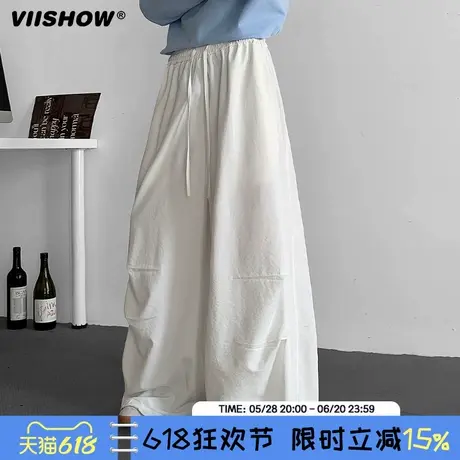 VIISHOW潮牌美式cleanfit白色弯刀休闲裤男复古宽松阔腿百搭长裤商品大图