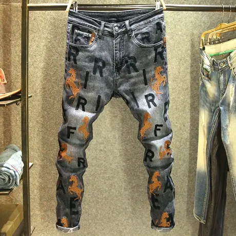 高端骏马刺绣牛仔裤男修身小脚弹力裤子潮牌街头痞帅精神小伙长裤商品大图