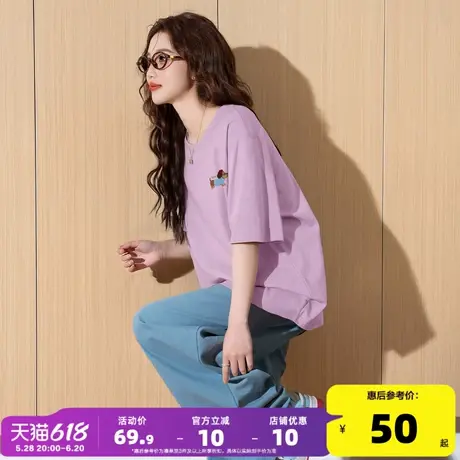 唐狮圆领短袖T恤女2025新款夏季chic甜美设计感上衣女纯棉体恤pc商品大图