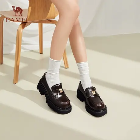 骆驼女鞋2025夏季新款真皮英伦风小皮鞋休闲通勤高跟单鞋女乐福鞋图片