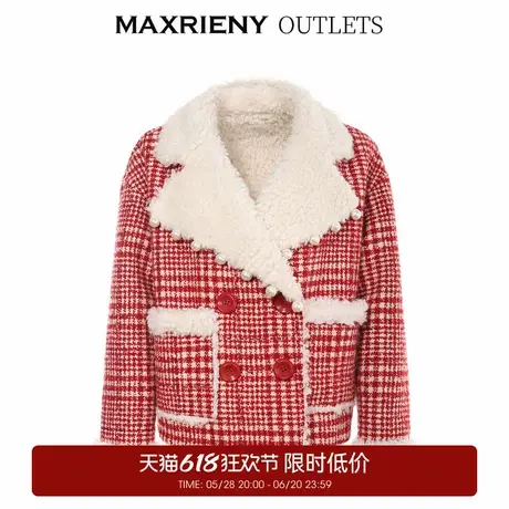 【奥莱】MAXRIENY圣诞千鸟格大衣冬季复古大翻领外套图片