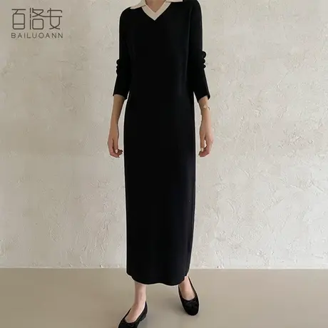 百洛安撞色翻领长袖针织连衣裙女2023秋冬新款弹力宽松大码毛衣裙图片
