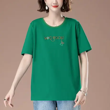 妈妈夏装短袖T恤女宽松加大码女装休闲中年刺绣遮肚圆领显瘦上衣商品大图