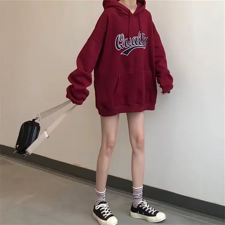 oversize酒红色加绒卫衣女宽松ins潮欧美vintage连帽港风大码外套商品大图