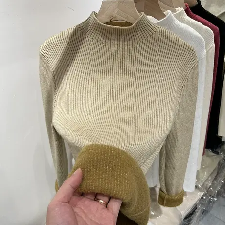 2022秋冬新款加绒加厚亮丝半高领毛衣女一体绒内搭针织打底衫上衣图片