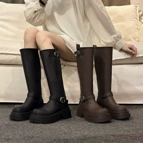 棕色靴子美拉德长筒靴女粗腿小个子厚底不过膝长靴显瘦高筒骑士靴商品大图