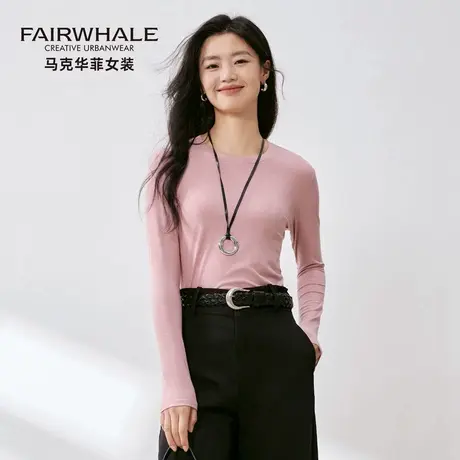马克华菲轻奢桑蚕丝长袖T恤女修身显瘦圆领纯色内搭真丝打底小衫图片