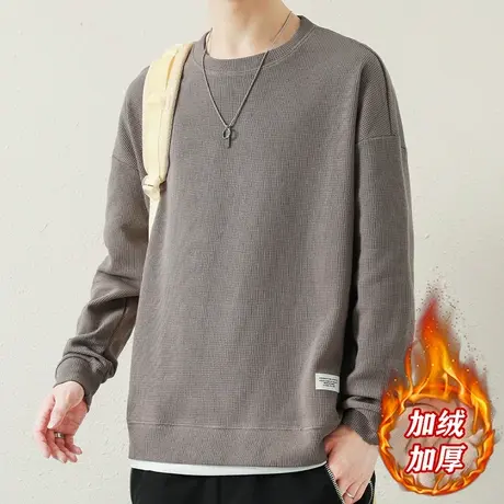 华夫格圆领卫衣男加绒秋冬款潮牌假两件长袖t恤男宽松春秋打底衫商品大图