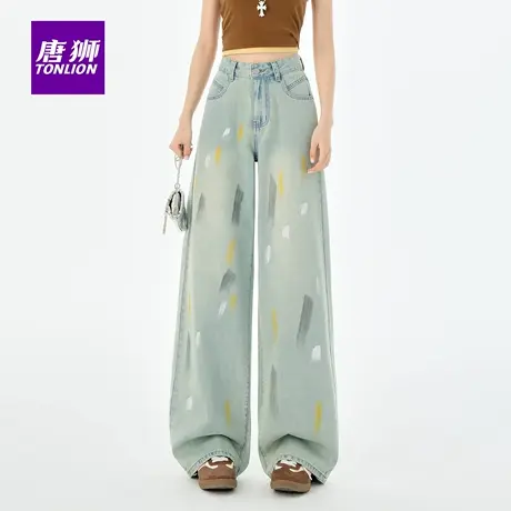 唐狮复古做旧涂鸦泼墨牛仔裤女设计感秋高腰直筒宽松拖地阔腿裤AX商品大图