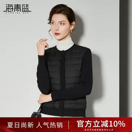 海青蓝高级感圆领针织拼接棉服2024秋冬新款时尚轻便保暖短外套商品大图