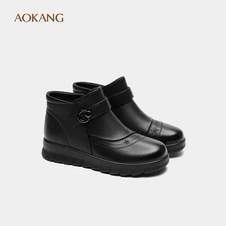 奥康 女鞋冬季真皮舒适加绒保暖棉鞋防滑妈妈靴门店发货商品大图