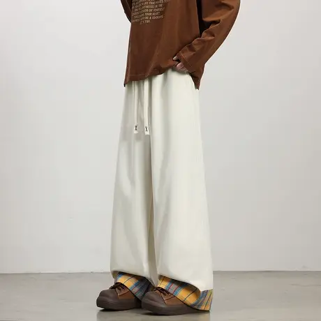 回力撞色格子卷边工装裤男士春秋季2025新款潮牌宽松阔腿休闲长裤商品大图