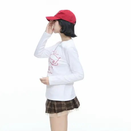 美式复古创意印花短款正肩长袖T恤女春秋新款修身显瘦速干打底衫图片