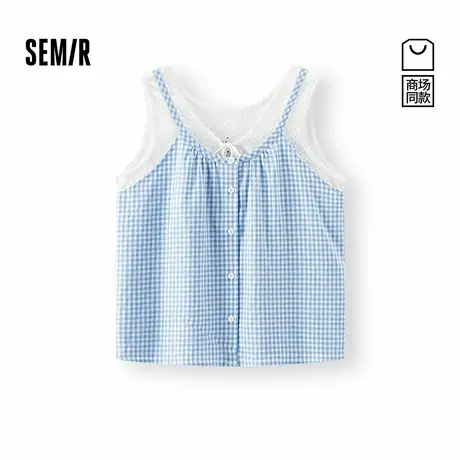 商场同款|森马衬衫女夏短款无袖假两件格纹蕾丝绣花2025新款衬衣图片