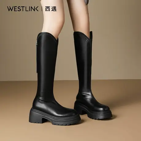 西遇黑色v口长筒靴女款2025秋季新款厚底增高瘦瘦靴高筒骑士靴子A商品大图