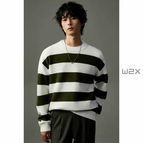 w2x2023秋冬季圆领廓形羊毛衫时尚套头横条纹毛衣休闲百搭针织衫商品大图