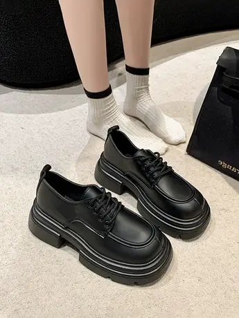 黑色小皮鞋女2023新款百搭松糕厚底皮面英伦风乐福鞋爆款系带单鞋商品大图