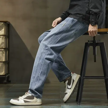 唐狮秋季新款男生牛仔裤复古痞帅抽绳美式高街直筒长裤子男士TMTA商品大图
