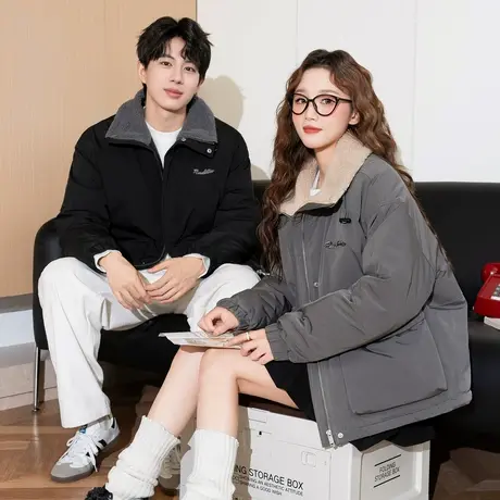 唐狮冬季新款情侣棉衣女羔毛领短款外套百搭保暖男棉服上衣TD商品大图