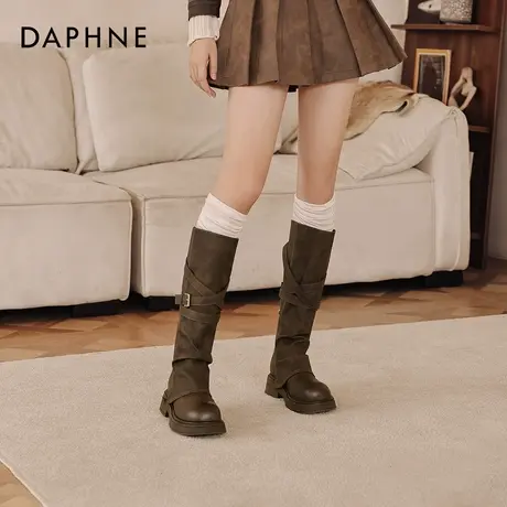 达芙妮长筒靴女2025新款冬季加绒美拉德堆堆靴棕色复古西部牛仔靴商品大图