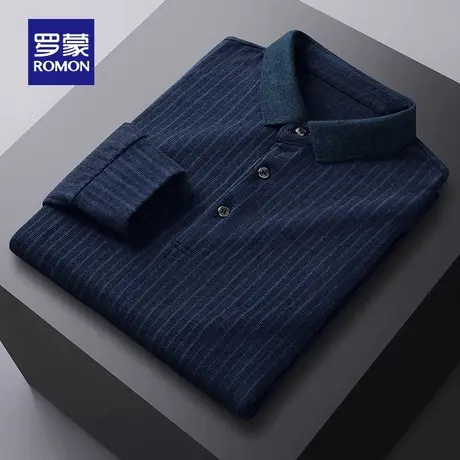 罗蒙男士简约修身显瘦百搭T恤衫2023秋季新款休闲条纹长袖POLO衫商品大图