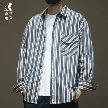 日系撞色条纹男士长袖衬衫秋季大码宽松水洗纯棉带口袋衬衣外套潮图片