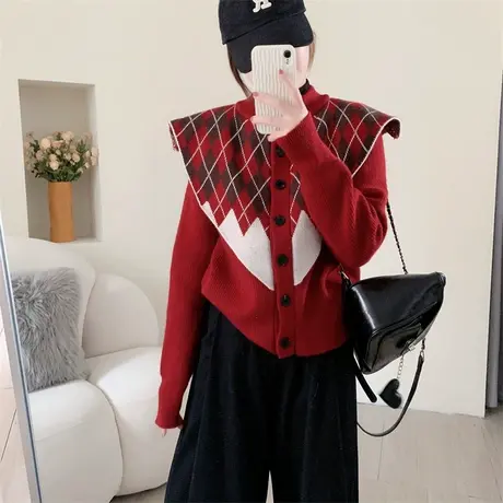 红色毛衣外套女秋季短款复古慵懒风软糯撞色菱格拼接披肩针织开衫商品大图