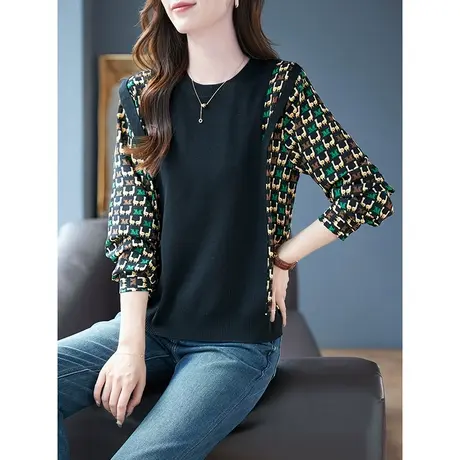 宝诗黎圆领印花拼接针织衫韩版小众休闲上衣2023秋季新款长袖T恤商品大图
