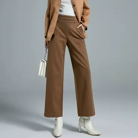 丽洁高腰阔腿裤女2023新款秋冬咖色毛呢裤宽松直筒裤女裤休闲长裤商品大图