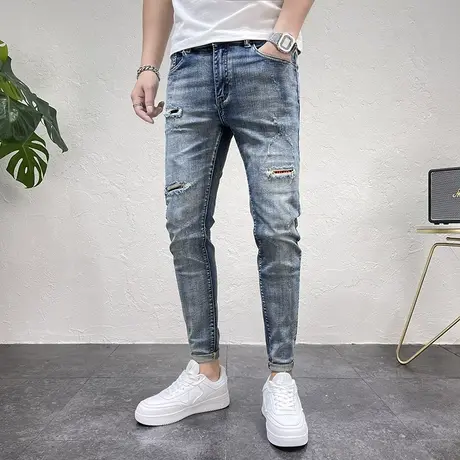 2023秋冬新款个性破洞水洗牛仔裤男潮韩版修身小脚裤微弹铅笔长裤商品大图