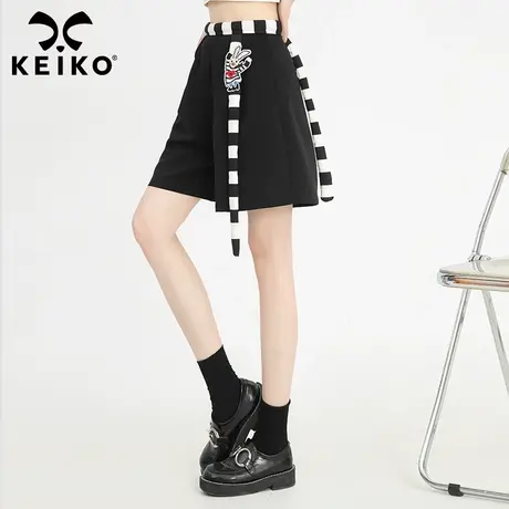 创意斑马纹飘带饰阔腿短裤女2022夏季新款百搭垂感黑色休闲五分裤商品大图