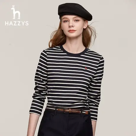 【双1直播闪降】Hazzys哈吉斯长袖T恤衫女士春秋季圆领宽松商品大图