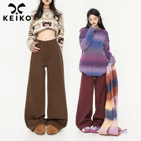KEIKO 阔腿牛仔裤女加绒2023秋冬高腰显瘦宽松休闲直筒拖地长裤商品大图