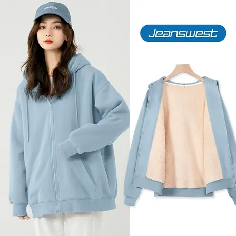 ZR真维斯卫衣女秋冬2022新款加绒加厚设计感连帽开衫女士上衣外套图片