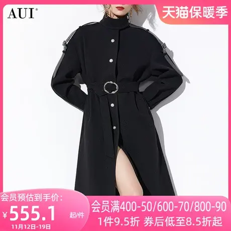 AUI黑色御姐气质修身毛呢外套女2023冬新款中长款立领呢子大衣厚商品大图