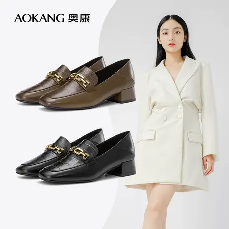 奥康女鞋 秋季气质百搭真皮单鞋舒适正装鞋粗跟百搭女士单鞋套脚图片