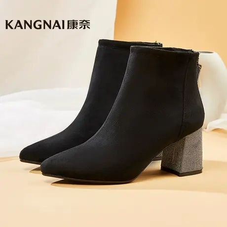 商场同款康奈官方女靴绒面气质女士短靴优雅职场通勤高跟马丁靴子图片