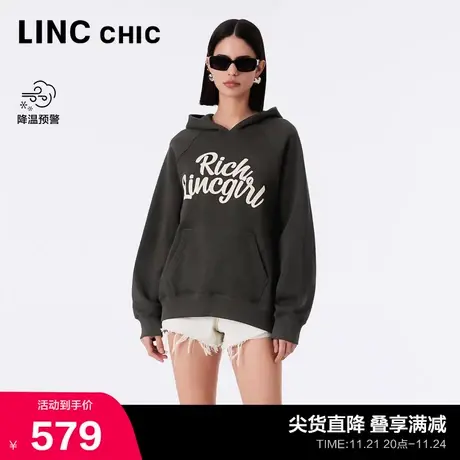 LINCCHIC金羽杰卫衣女新款落肩连帽学院感连帽卫衣外套S233HD414Y图片