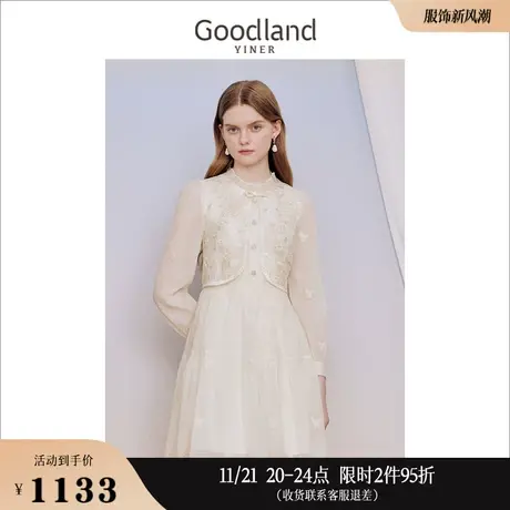 [假两件]Goodland美地女装2023秋季蕾丝中绣花肌理钉珠连衣裙图片