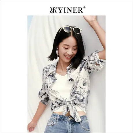 YINER音儿专柜女装2022夏季新款七分袖印花气质上衣桑蚕丝衬衫商品大图