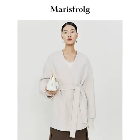 【澳毛毛呢大衣】玛丝菲尔冬季新款米白色无领收腰毛呢外套图片