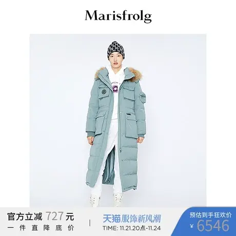 【智能温控】玛丝菲尔冬季新款白鹅绒矿石绿羽绒服女长款连帽宽松商品大图