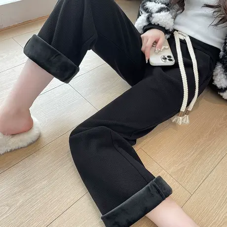 黑色欧棉绒阔腿裤女冬季加绒2024新款高腰显瘦灯芯绒直筒拖地长裤商品大图