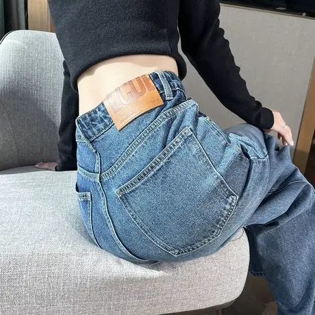 深蓝色牛仔裤女春秋2024新款高腰显瘦宽松梨型身材阔腿直筒拖地裤商品大图